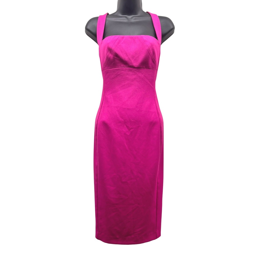 Black Halo Magenta Pink Cross Back Sheath Midi Dress Size 2 Square Neck Slit
